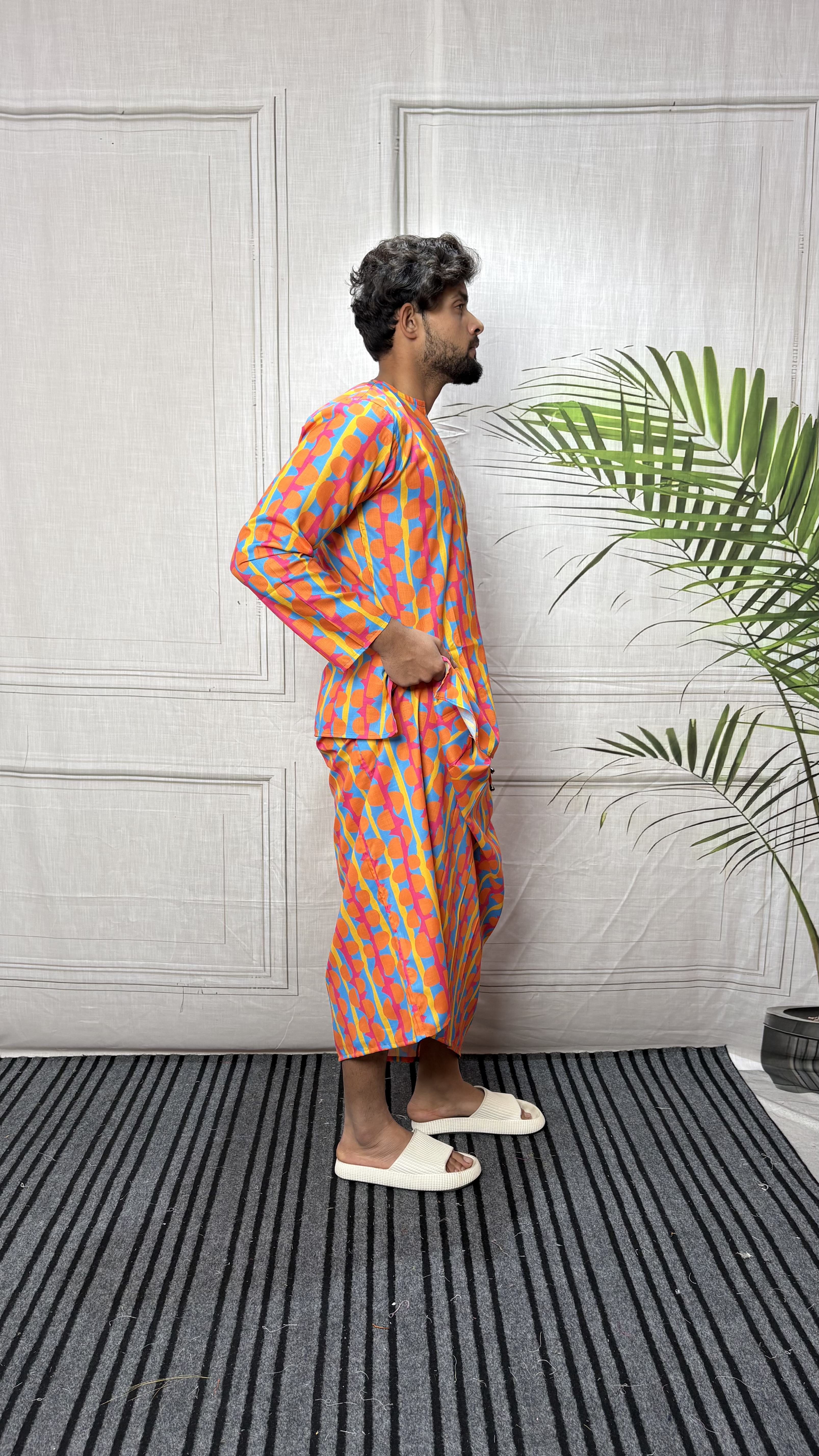 Men Retro Geometric Print Band Collar Kurta