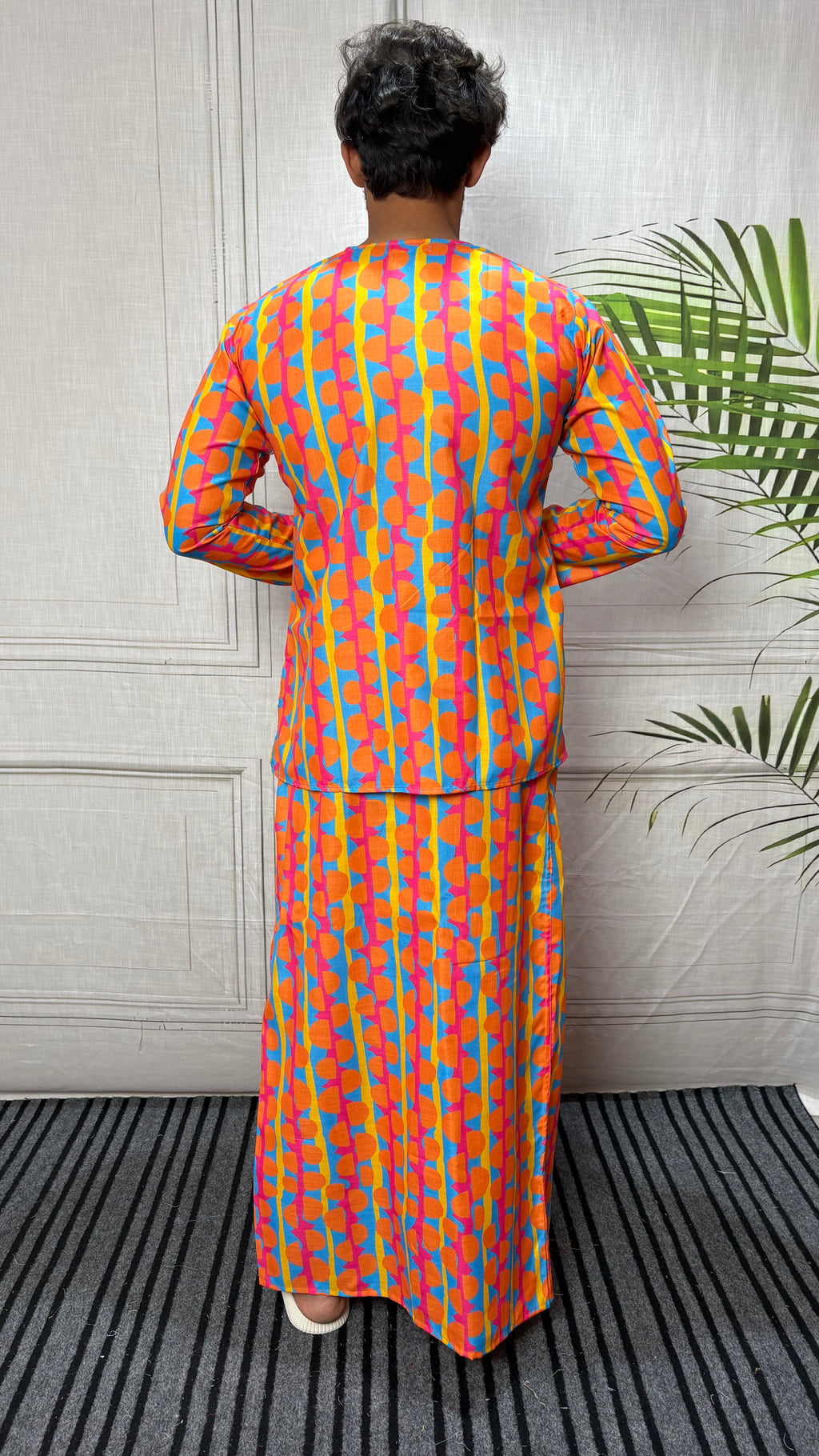 Men Retro Geometric Print Band Collar Kurta