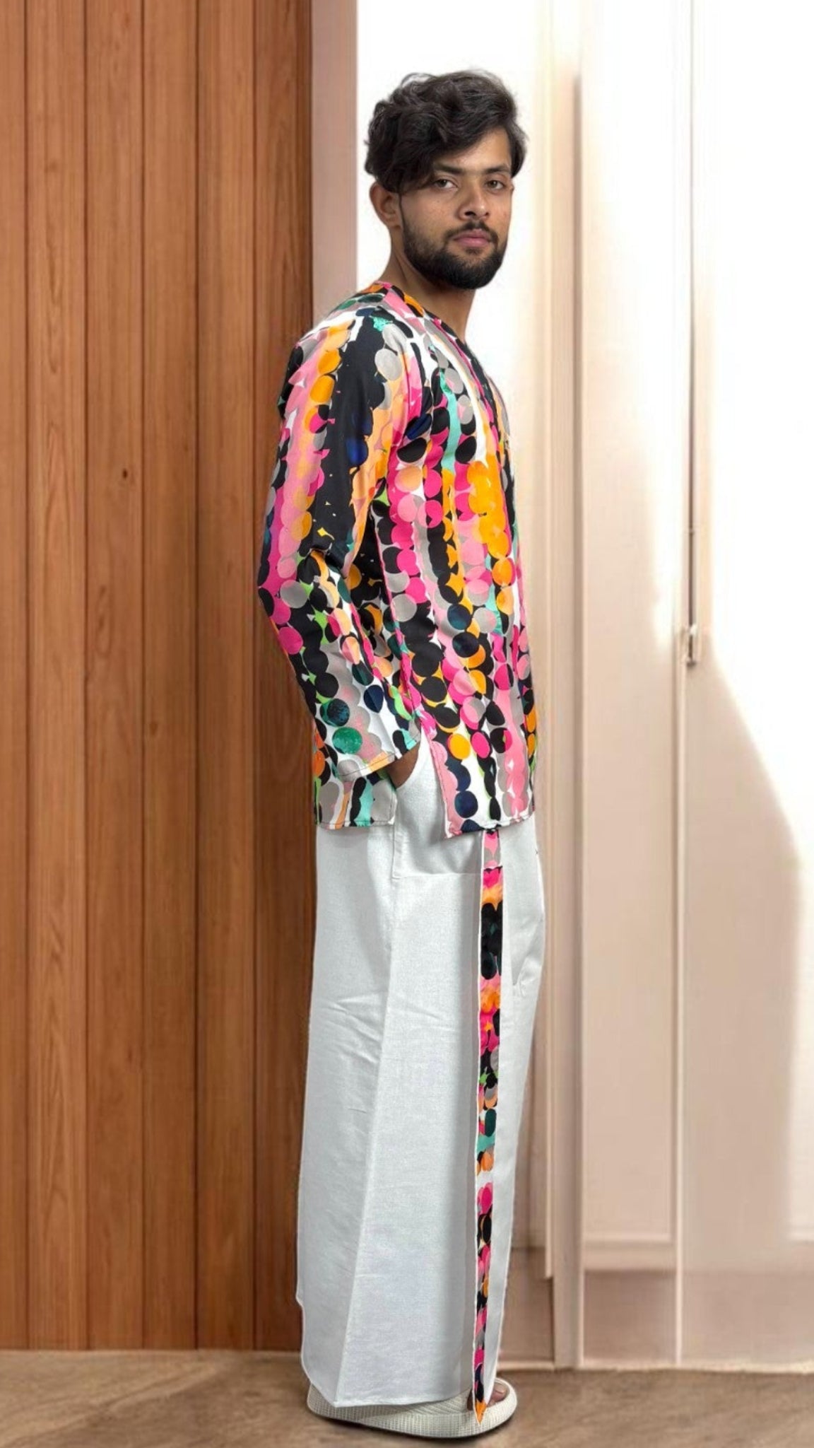 Men's White pajamalungi with Multicolor Abstract Stripe