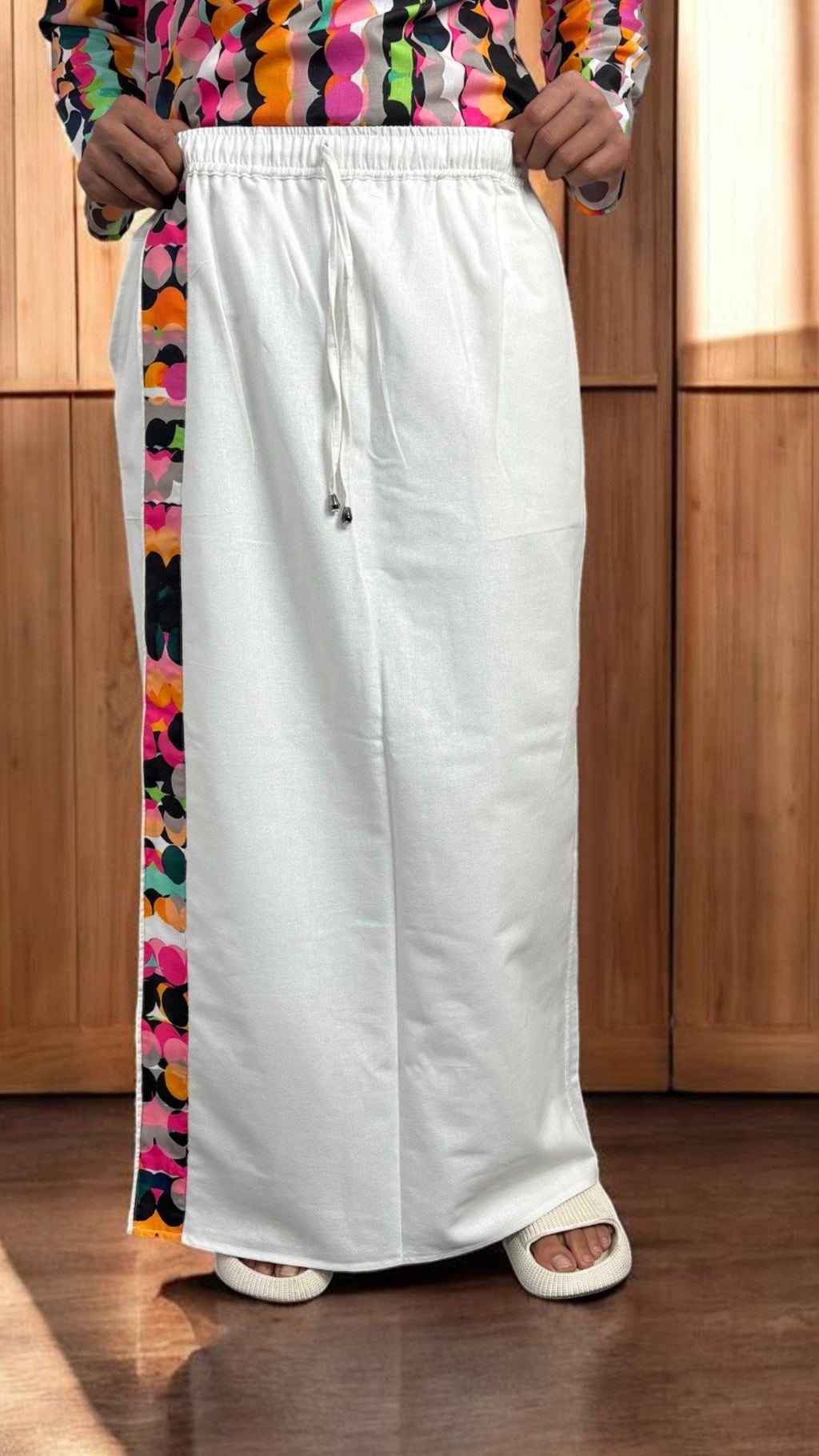 Men's White pajamalungi with Multicolor Abstract Stripe