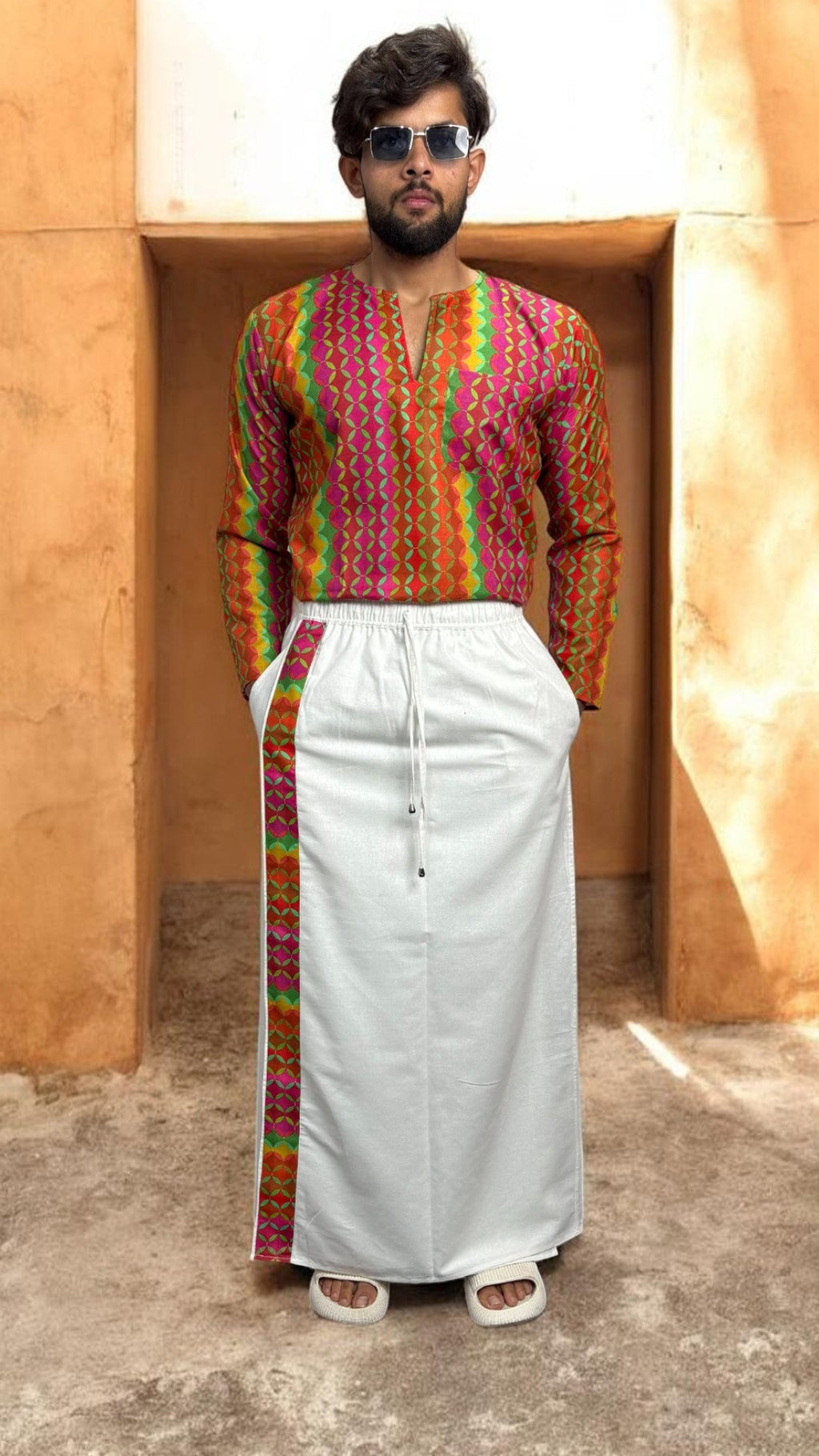 Classic White Pajamalungi with Geometric Border Stripe