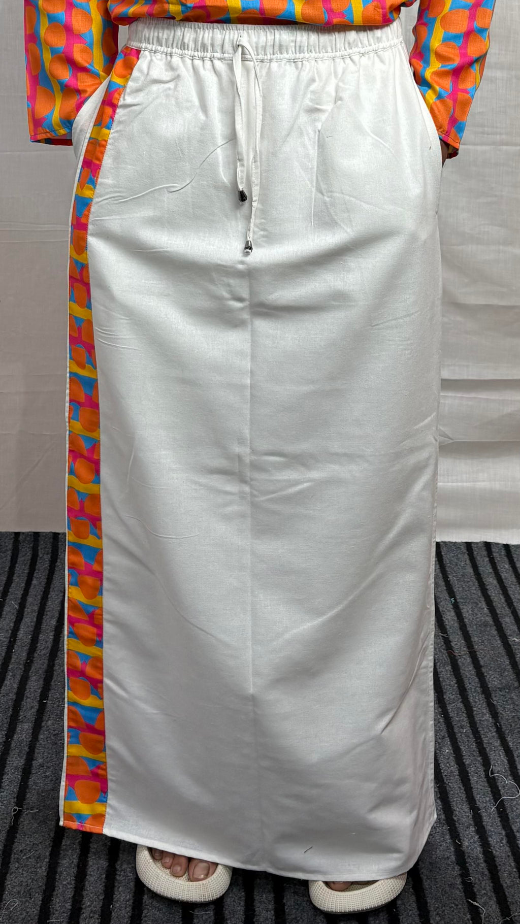 White Cotton Contrast Stripe Pajamalungi