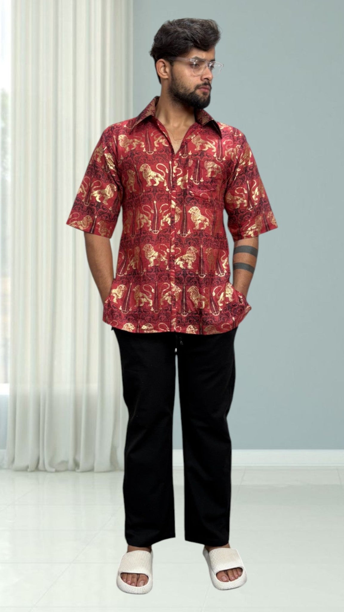 Mens short sleeve collared royal lion foil print kurta
