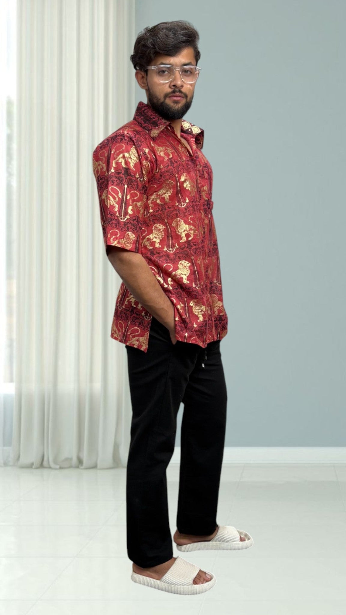 Mens short sleeve collared royal lion foil print kurta
