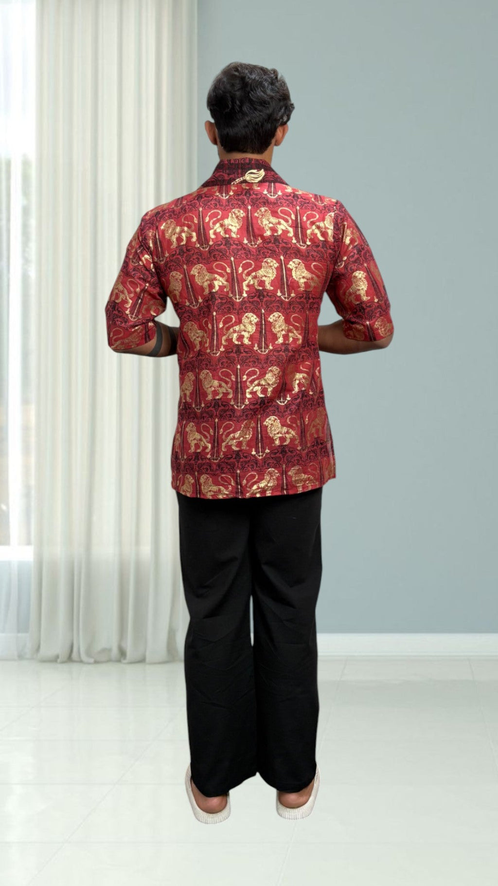 Mens short sleeve collared royal lion foil print kurta