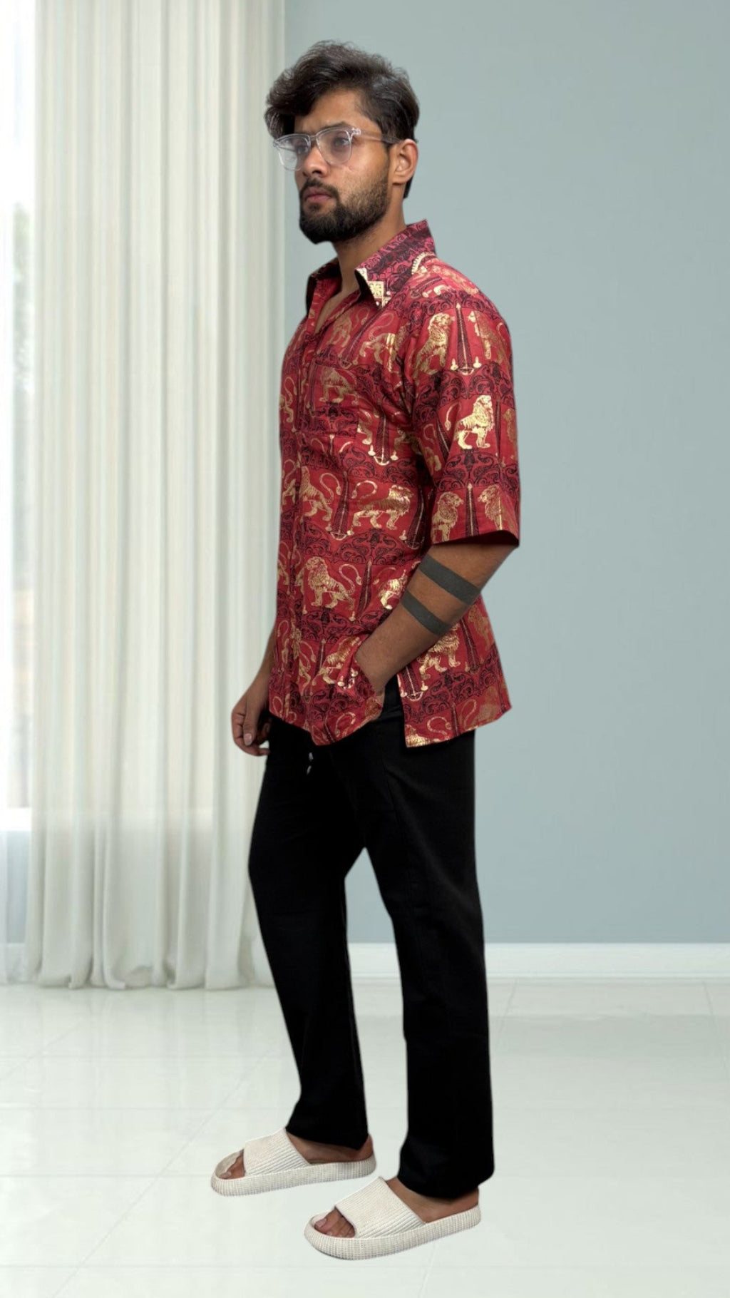 Mens short sleeve collared royal lion foil print kurta