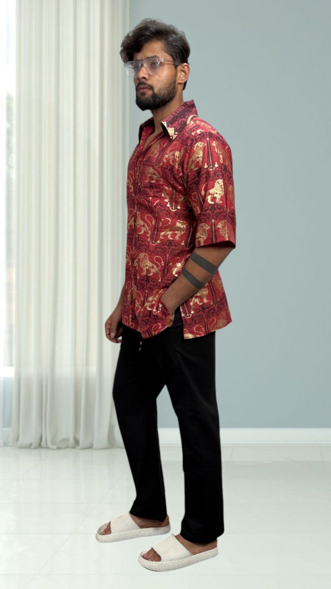 Mens short sleeve collared royal lion foil print kurta