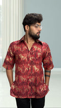 Mens short sleeve collared royal lion foil print kurta