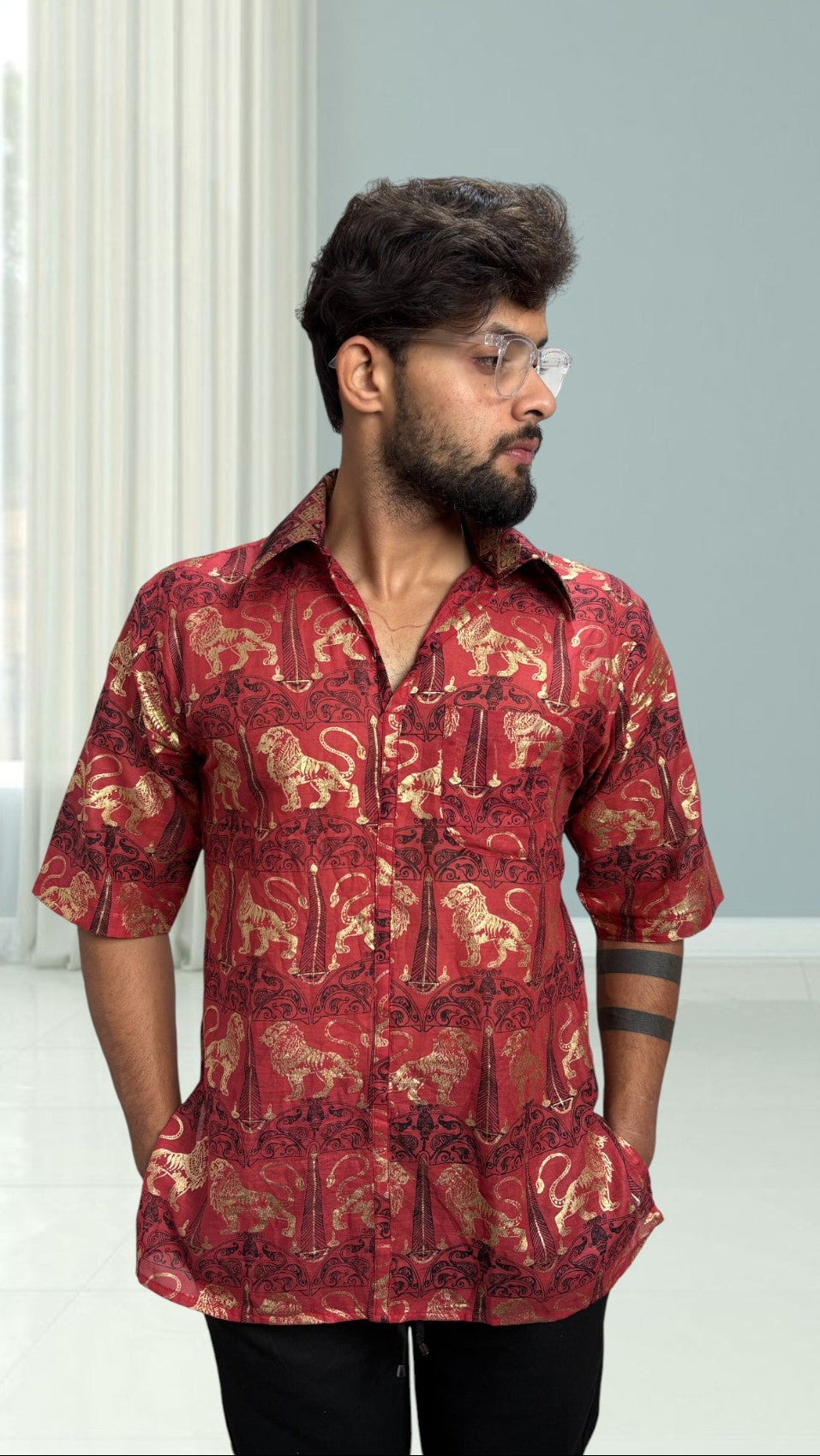 Mens short sleeve collared royal lion foil print kurta
