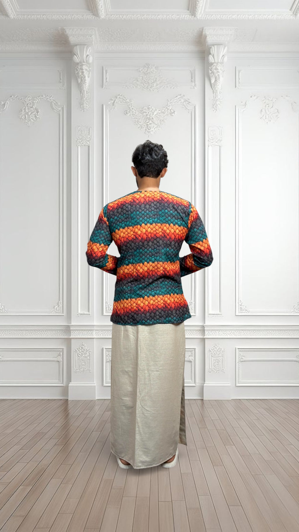 Men's Beige Color With Multicolor Textured Print Stripe Pajamalungi