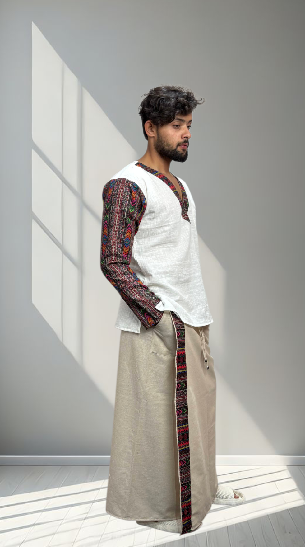 Men's White Ethnic Fusion Kurta