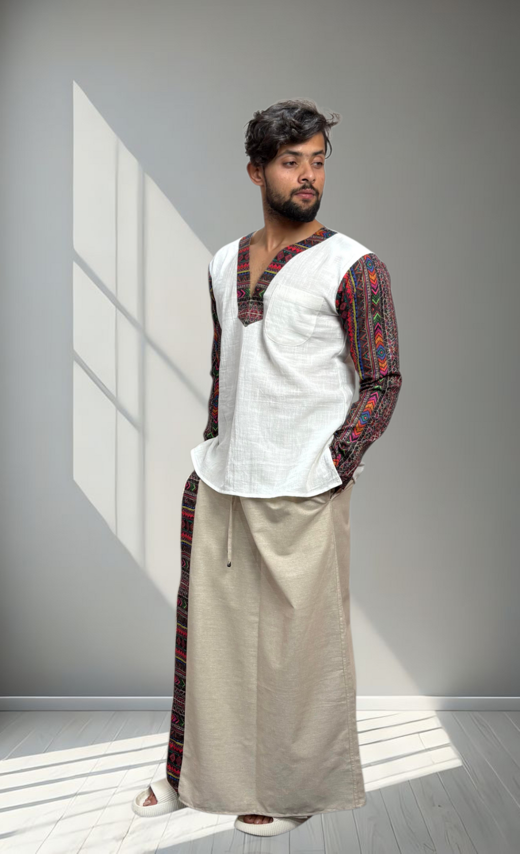 Men's White Ethnic Fusion Kurta