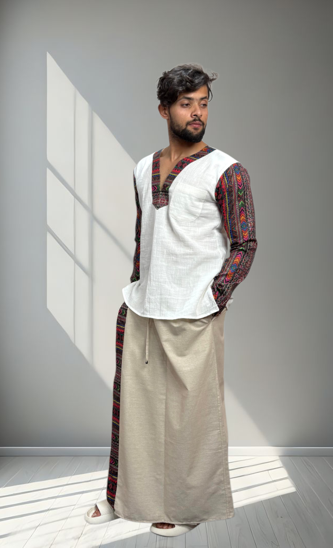Men's White Ethnic Fusion Kurta
