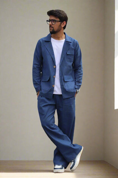 Denim Color Cotton Blazer - Nirmal Online