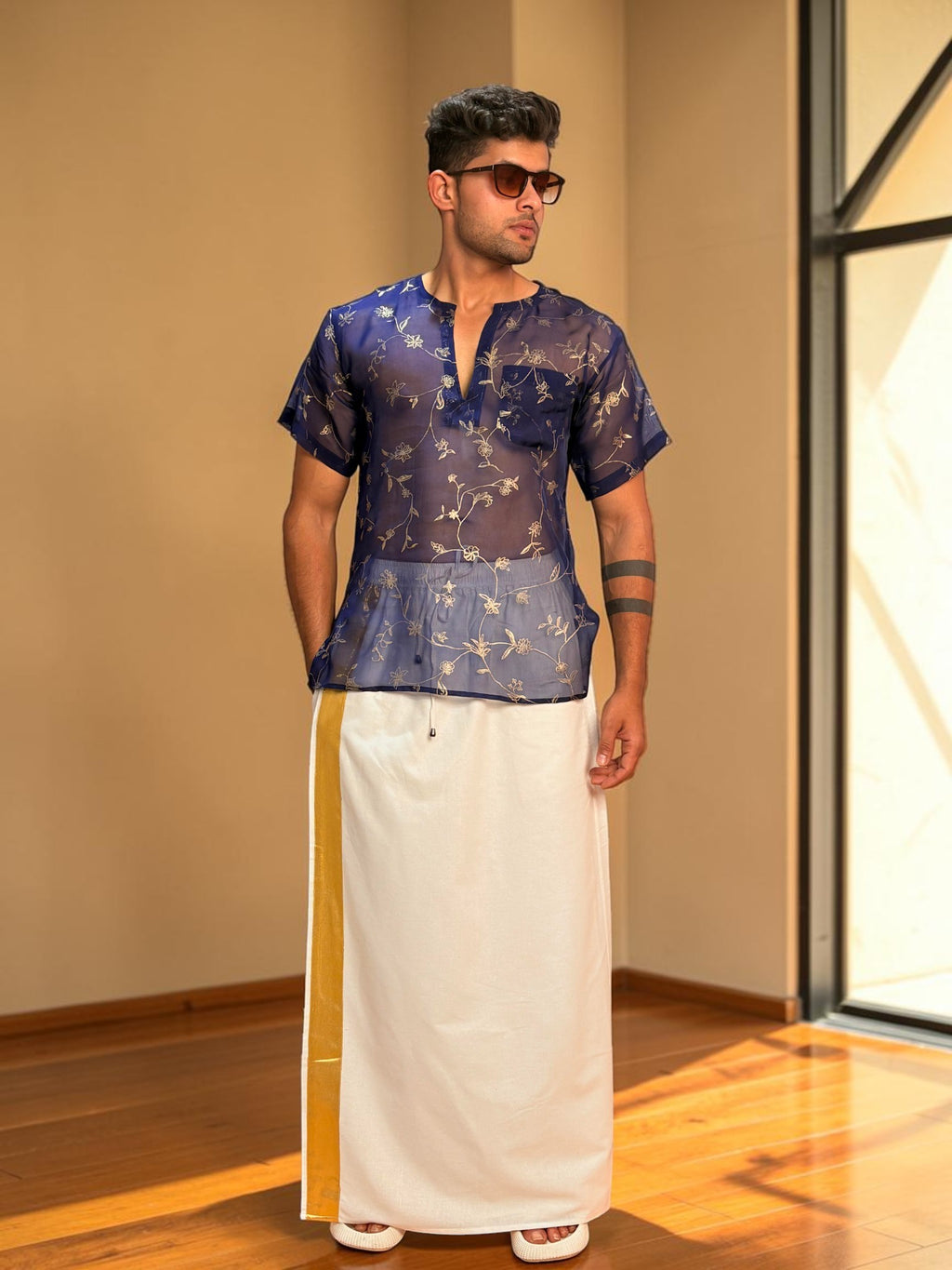 Men White Color With  Golden Zari Stripe Pajamalungi