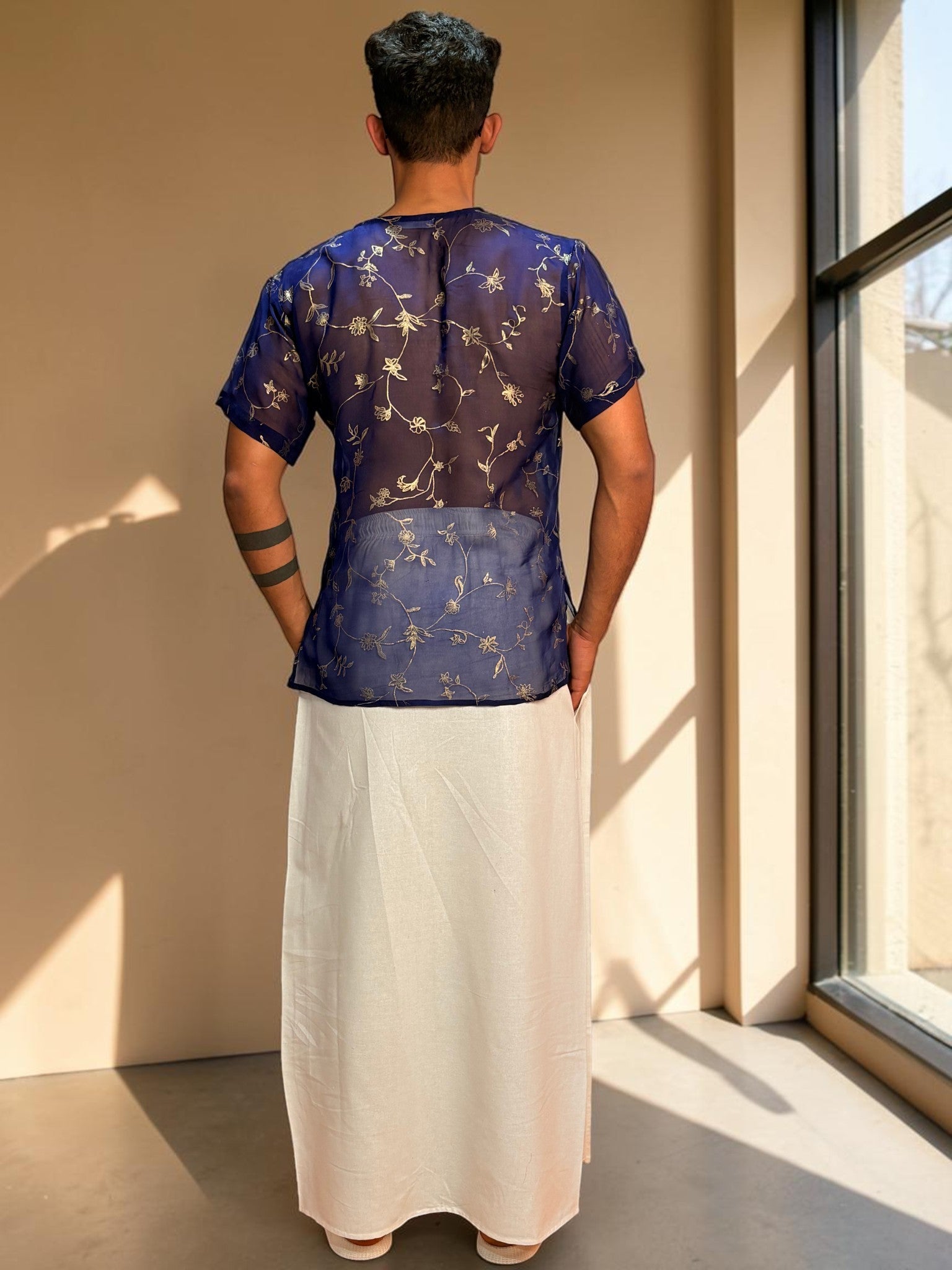 Men White Color With  Golden Zari Stripe Pajamalungi