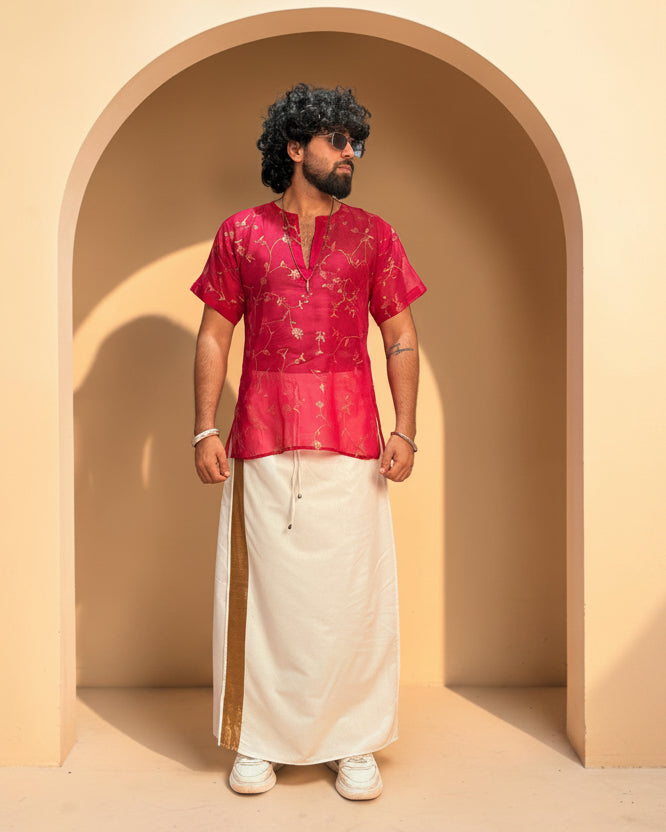 Men Rani Pink Viscose Organza Foil Print Kurta