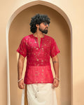 Men Rani Pink Viscose Organza Foil Print Kurta