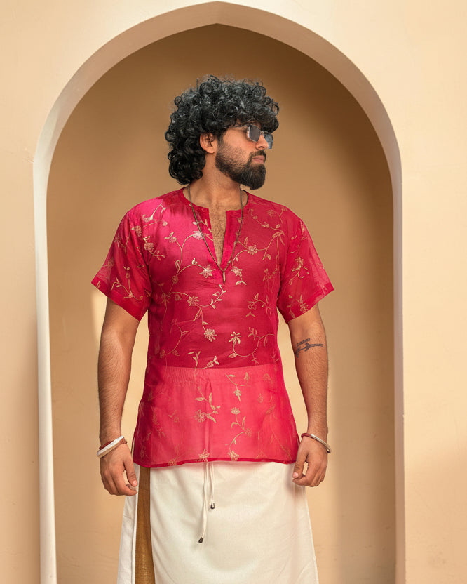 Men Rani Pink Viscose Organza Foil Print Kurta
