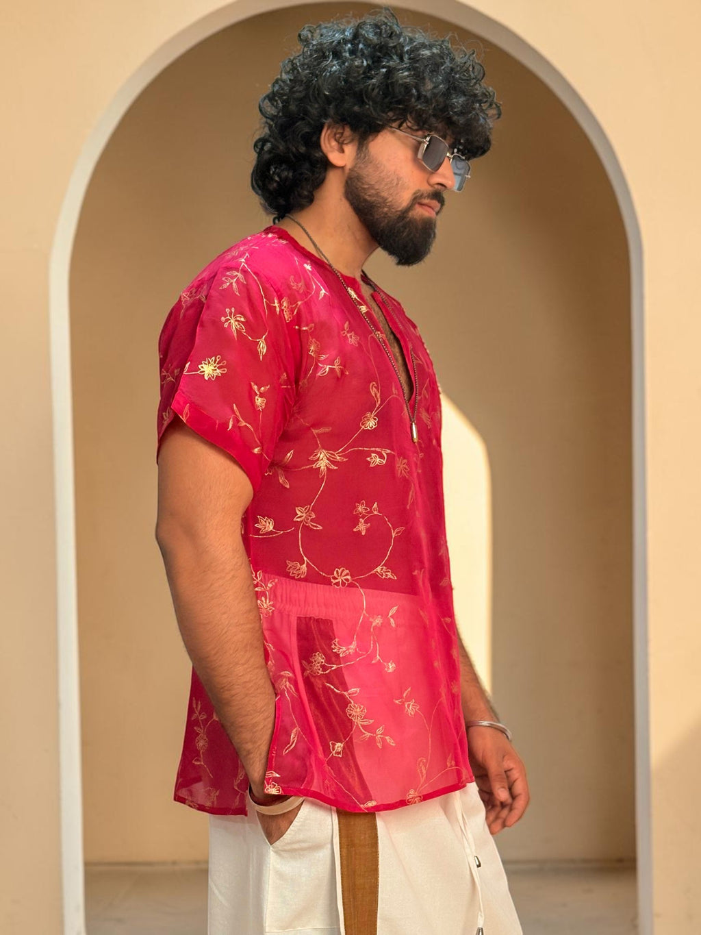 Men Rani Pink Viscose Organza Foil Print Kurta