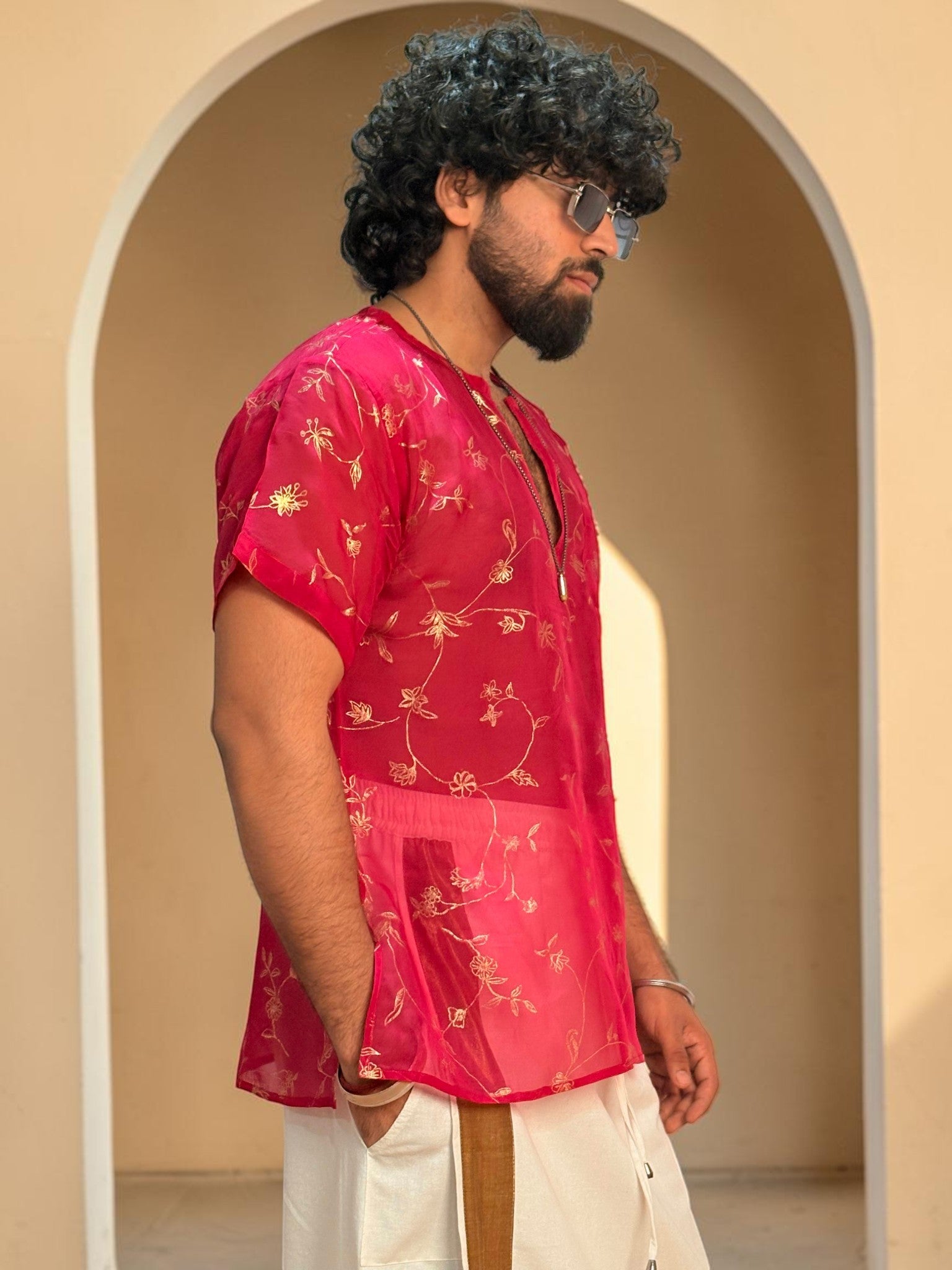 Men Rani Pink Viscose Organza Foil Print Kurta