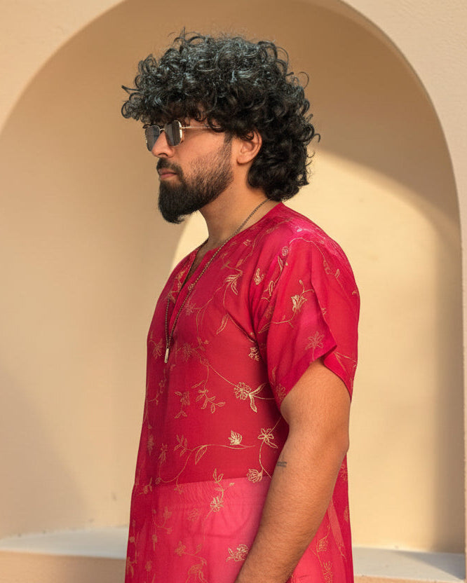 Men Rani Pink Viscose Organza Foil Print Kurta
