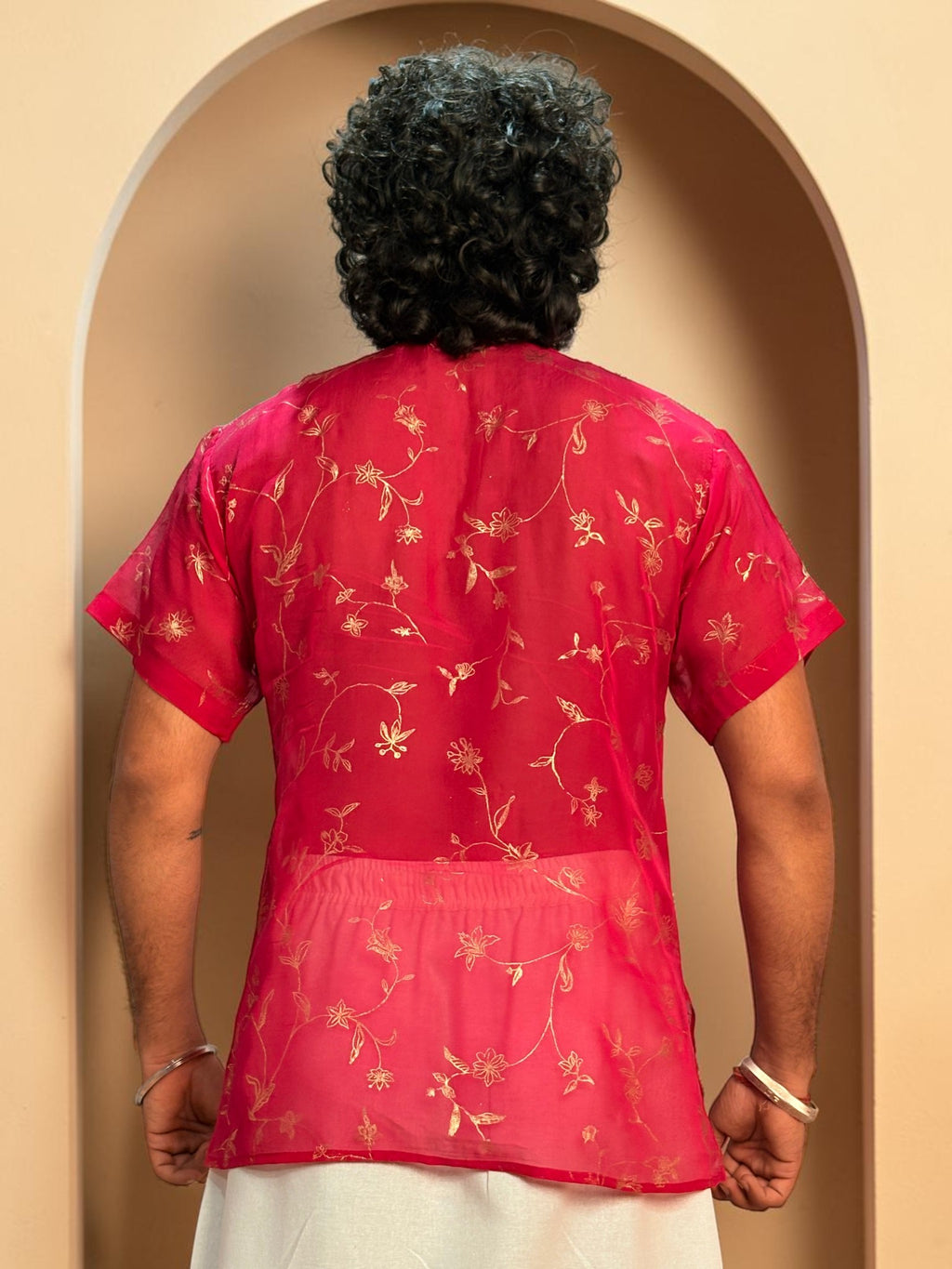 Men Rani Pink Viscose Organza Foil Print Kurta