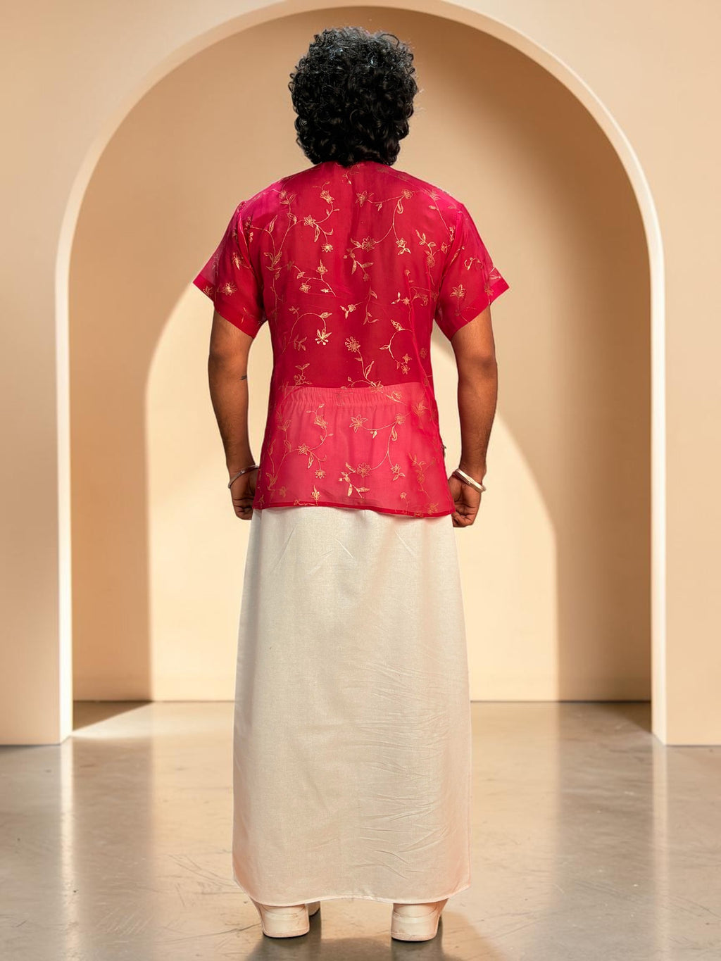 Men Rani Pink Viscose Organza Foil Print Kurta