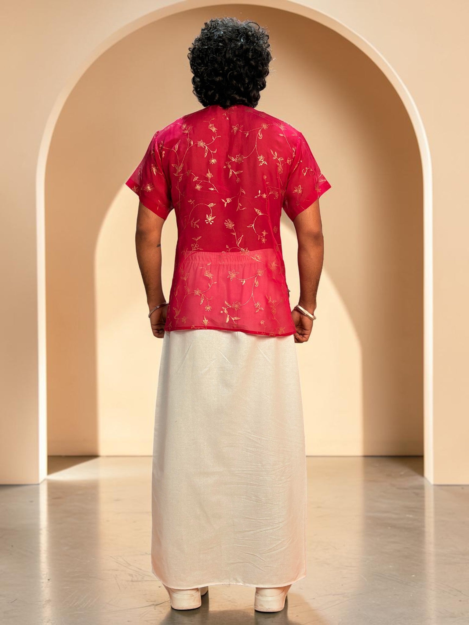 Men Rani Pink Viscose Organza Foil Print Kurta