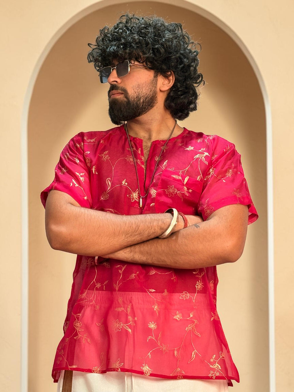 Men Rani Pink Viscose Organza Foil Print Kurta