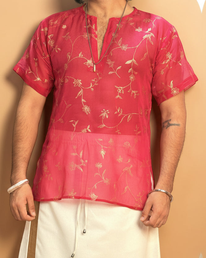 Men Rani Pink Viscose Organza Foil Print Kurta