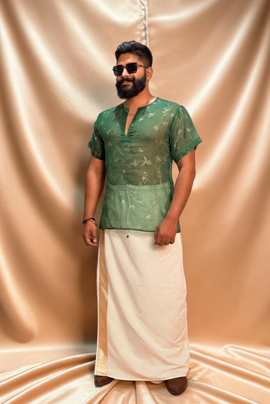 Men Green Colour Viscose Organza Foil Print Kurta