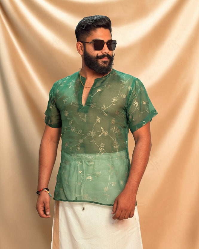 Men Green Colour Viscose Organza Foil Print Kurta