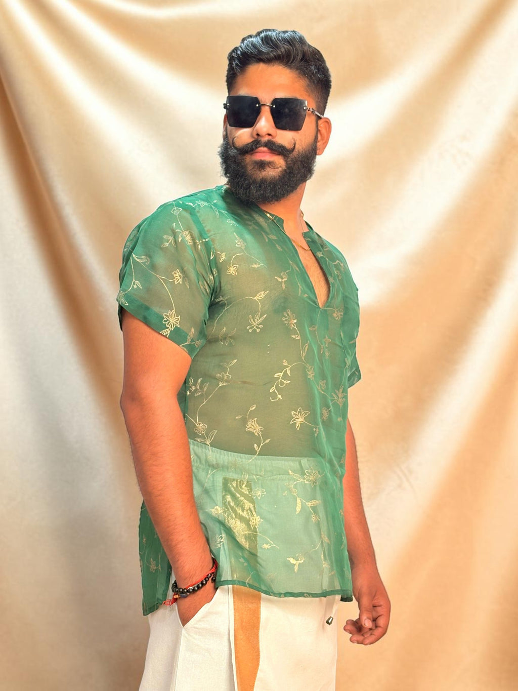 Men Green Colour Viscose Organza Foil Print Kurta