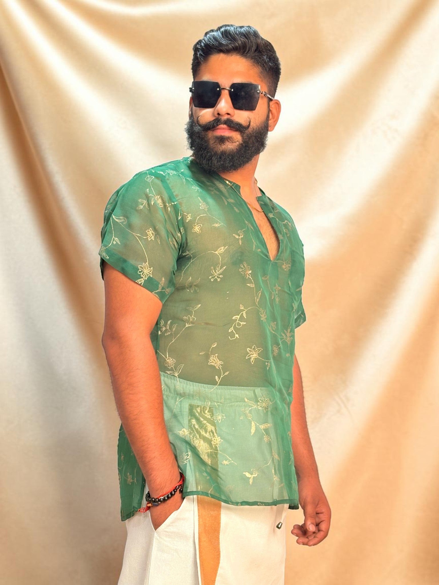 Men Green Colour Viscose Organza Foil Print Kurta