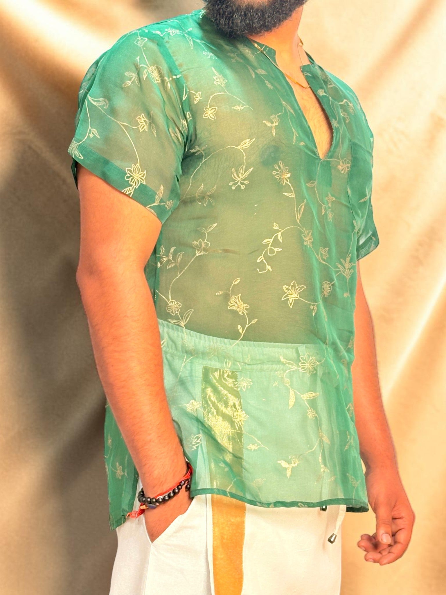 Men Green Colour Viscose Organza Foil Print Kurta