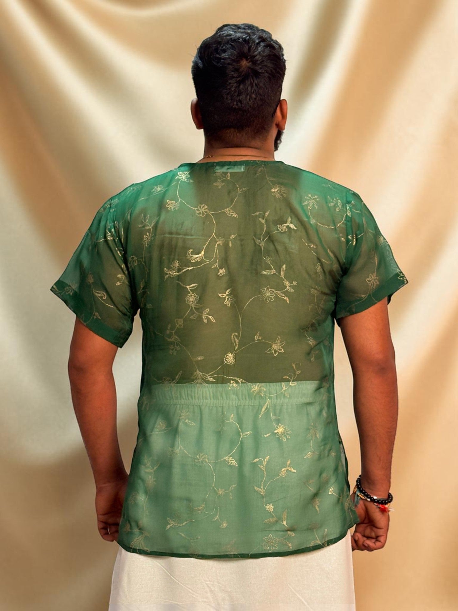 Men Green Colour Viscose Organza Foil Print Kurta