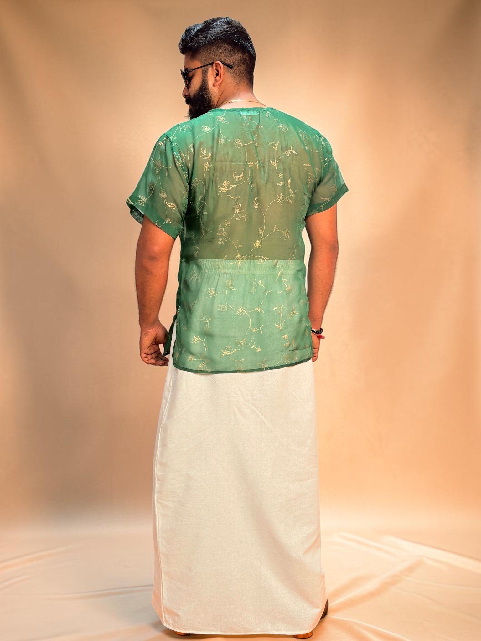Men Green Colour Viscose Organza Foil Print Kurta