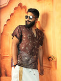 Men Coffee Brown Colour Viscose Organza Foil Print Kurta