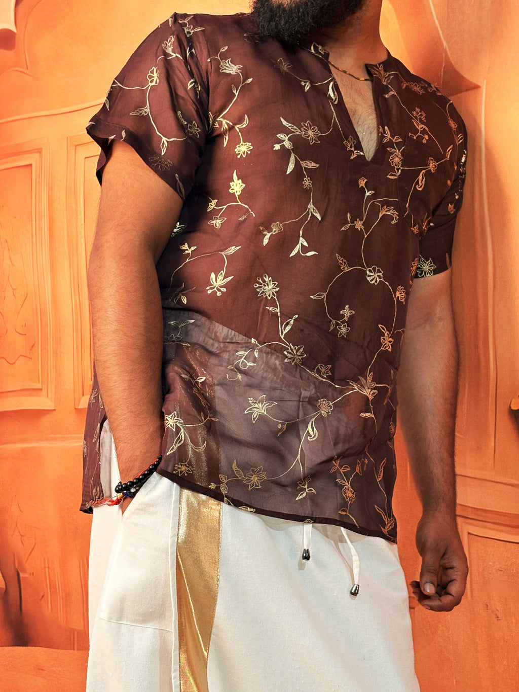 Men Coffee Brown Colour Viscose Organza Foil Print Kurta