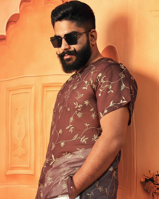Men Coffee Brown Colour Viscose Organza Foil Print Kurta