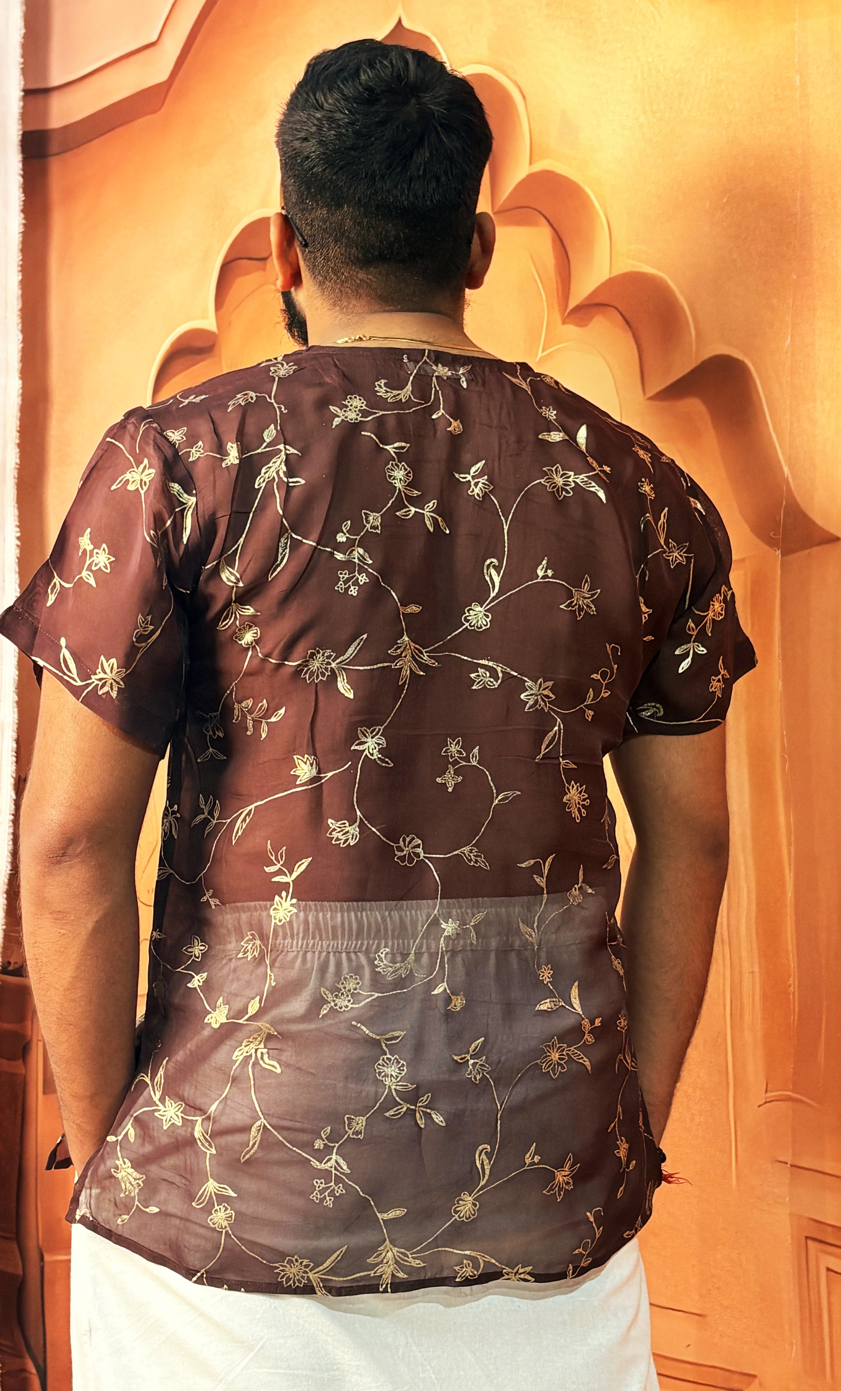 Men Coffee Brown Colour Viscose Organza Foil Print Kurta