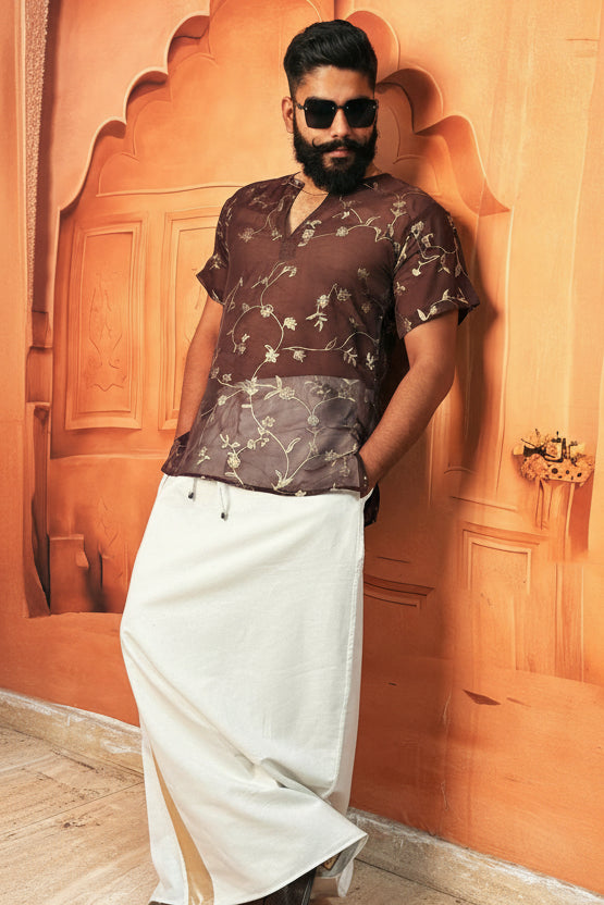 Men Coffee Brown Colour Viscose Organza Foil Print Kurta