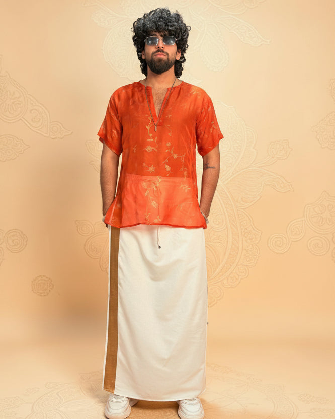 Men Orange Colour Viscose Organza Foil Print Kurta