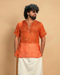 Men Orange Colour Viscose Organza Foil Print Kurta