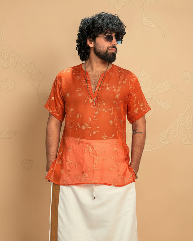 Men Orange Colour Viscose Organza Foil Print Kurta
