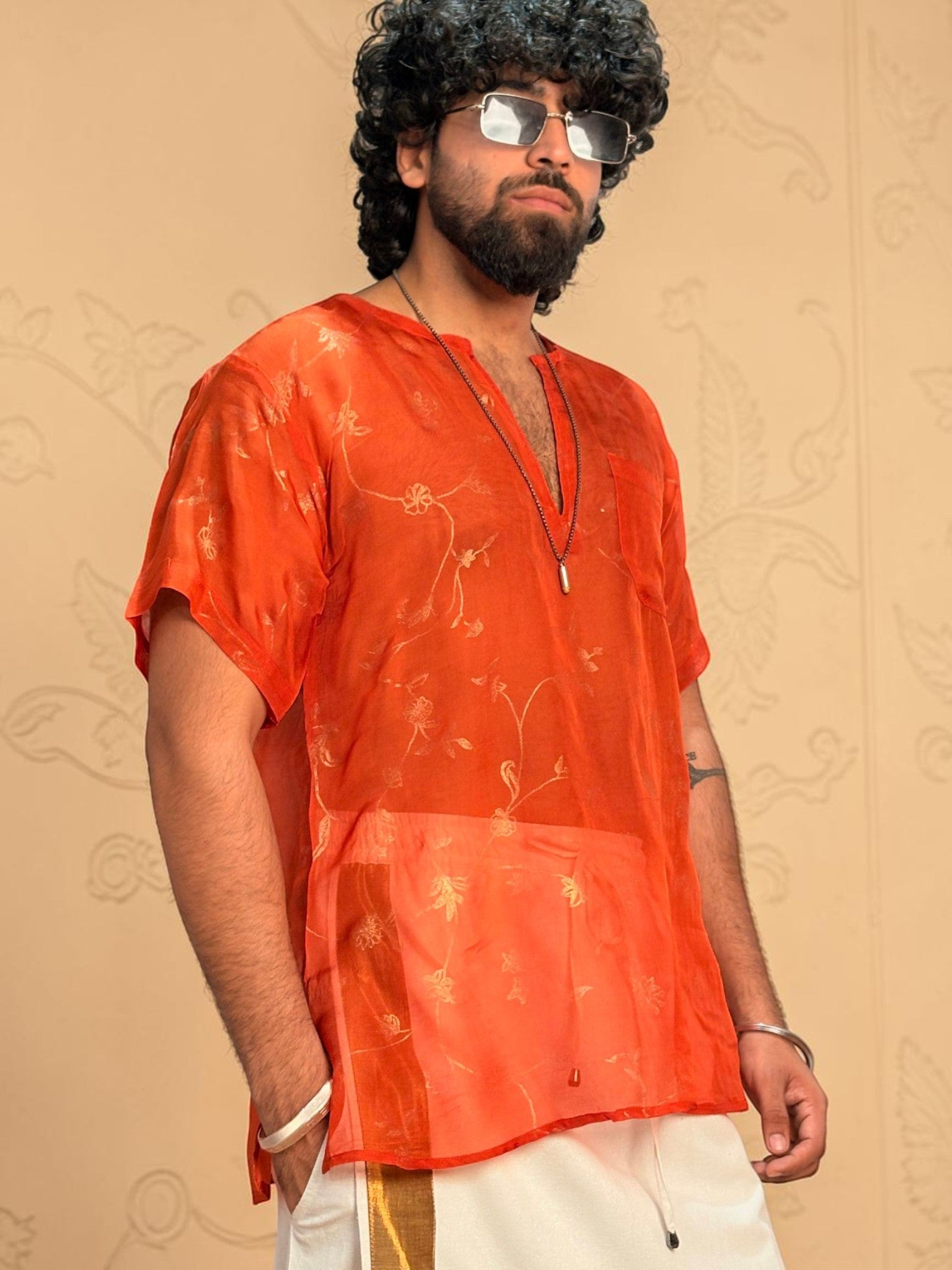 Men Orange Colour Viscose Organza Foil Print Kurta