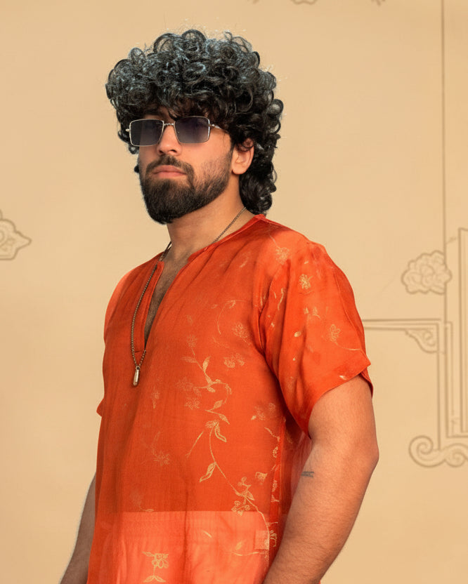 Men Orange Colour Viscose Organza Foil Print Kurta