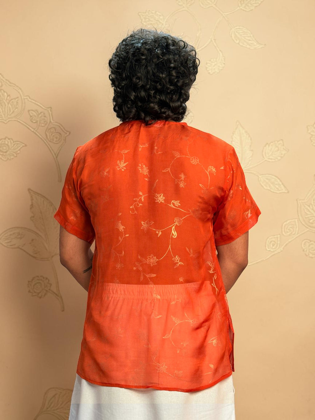 Men Orange Colour Viscose Organza Foil Print Kurta