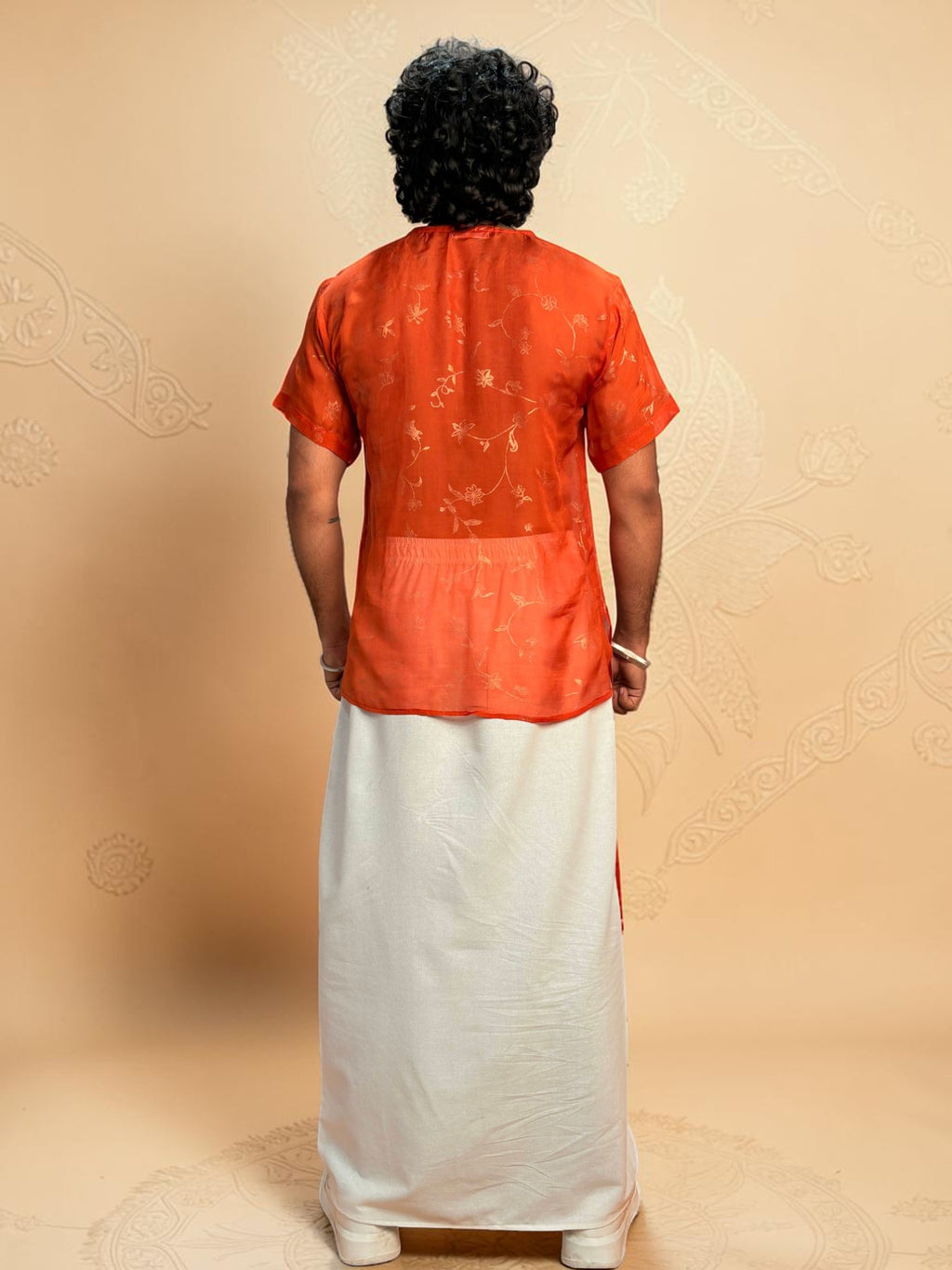 Men Orange Colour Viscose Organza Foil Print Kurta